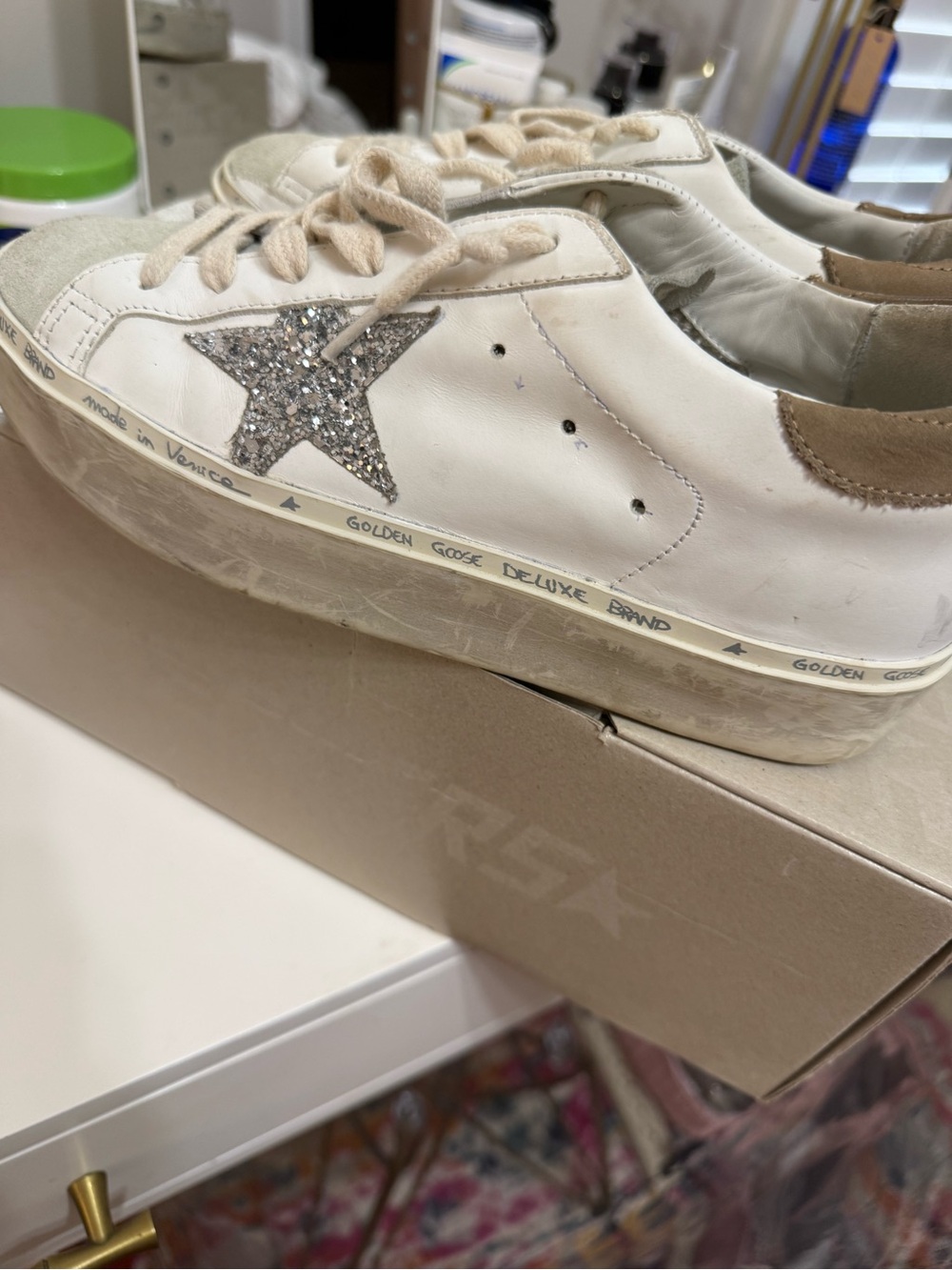Golden Goose White Leather Sneakers with Silver Glitter Star Accent